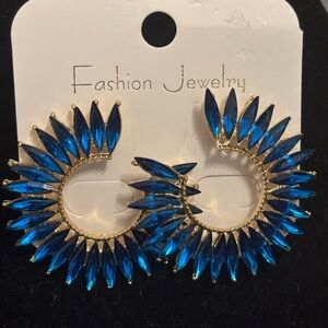 Gold half hoop earrings with blue rhinestones.  NEW